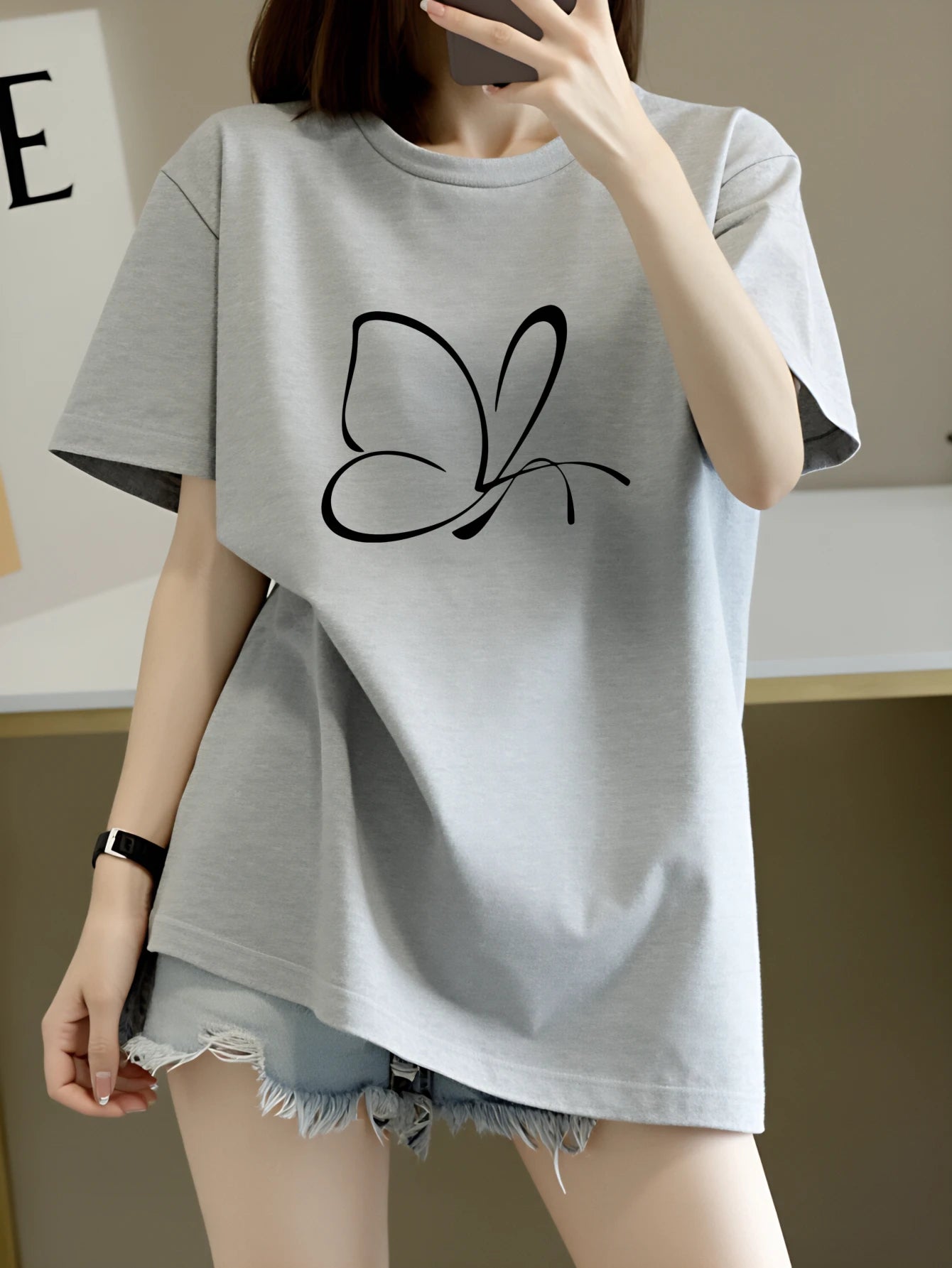 2026 Lady Tops Butterfly Print Sleeve T-Shirt Black White Red L...
