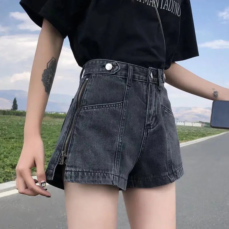Retro Black Gray Blue Denim Shorts Women Summer 2026 New Side Zipper High Waist Korean Version A Word Wide Legs Loose Short Pant
